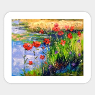 Poppies by the pond Sticker